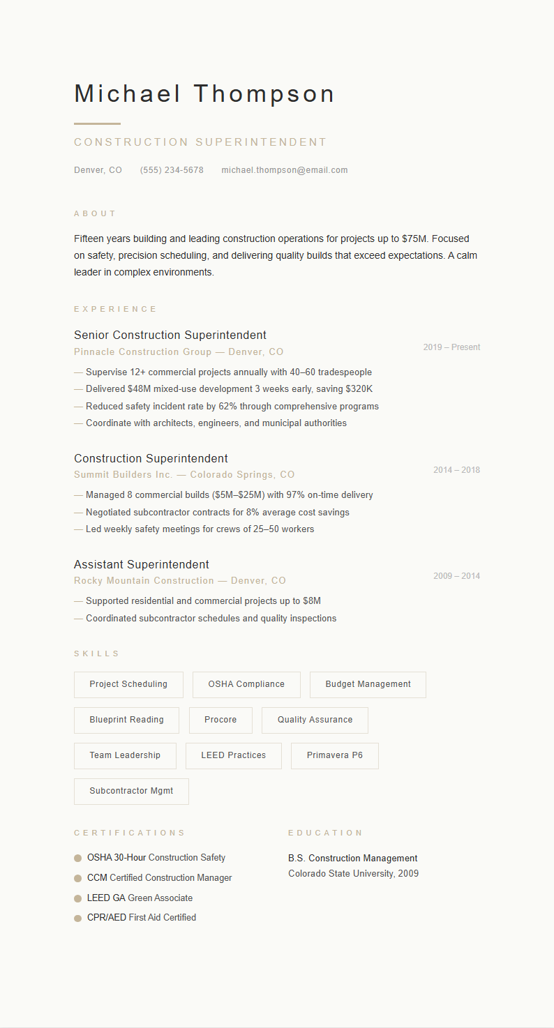 Zen minimalist construction superintendent resume
